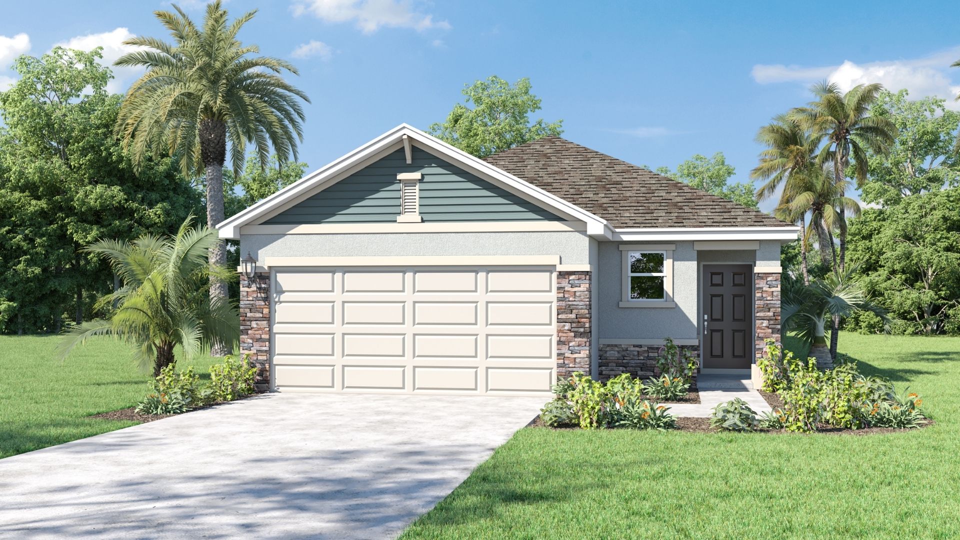Single story new home with large windows and 2 car garage.