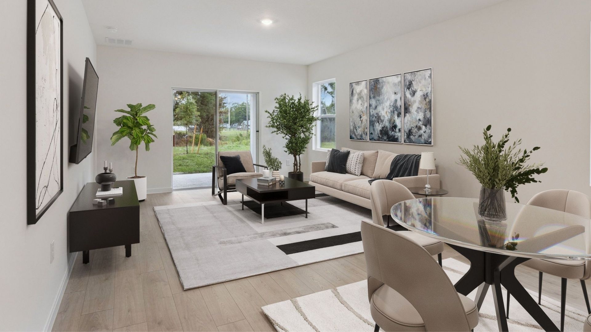 living area with couch seating and entertainment system and dining room table