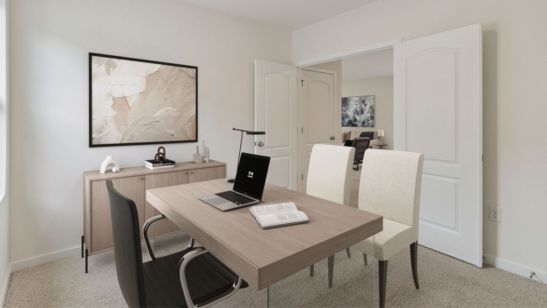 Functional home office with desk, chairs and space to work or play.