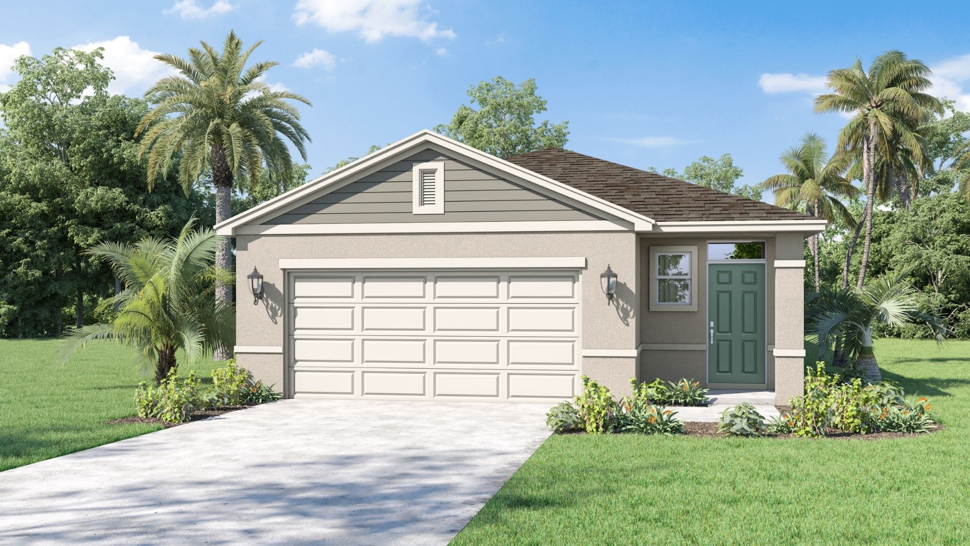 Single story new home with large windows and 2 car garage.