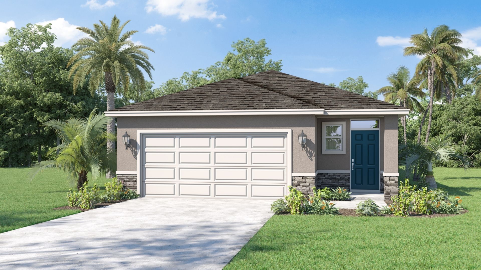 Single story new home with large windows and 2 car garage.