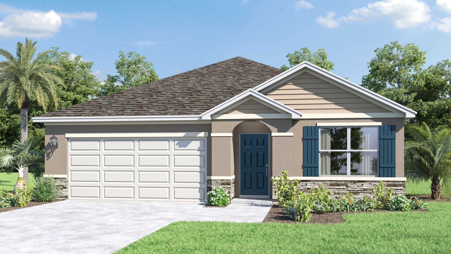 Single story new home with large windows and 2 car garage.