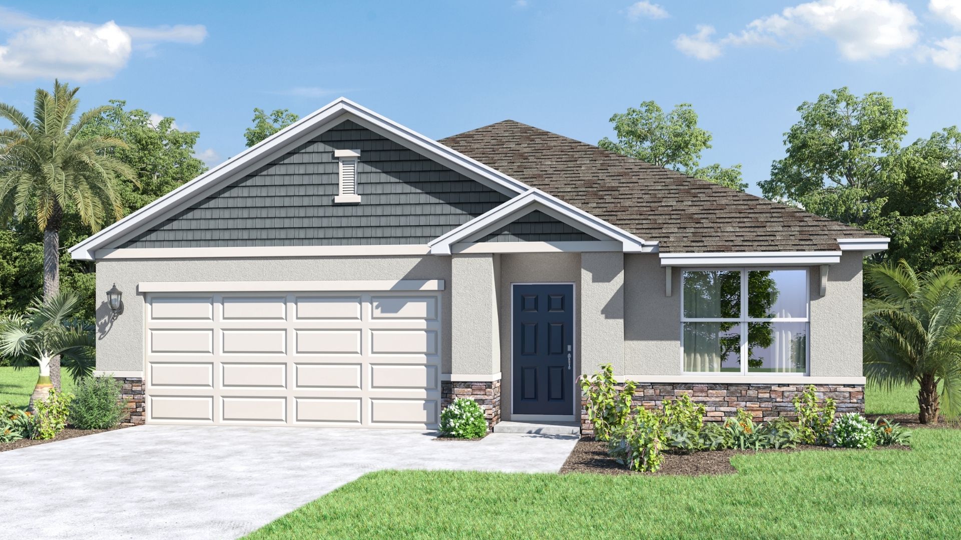 Single story new home with large windows and 2 car garage.