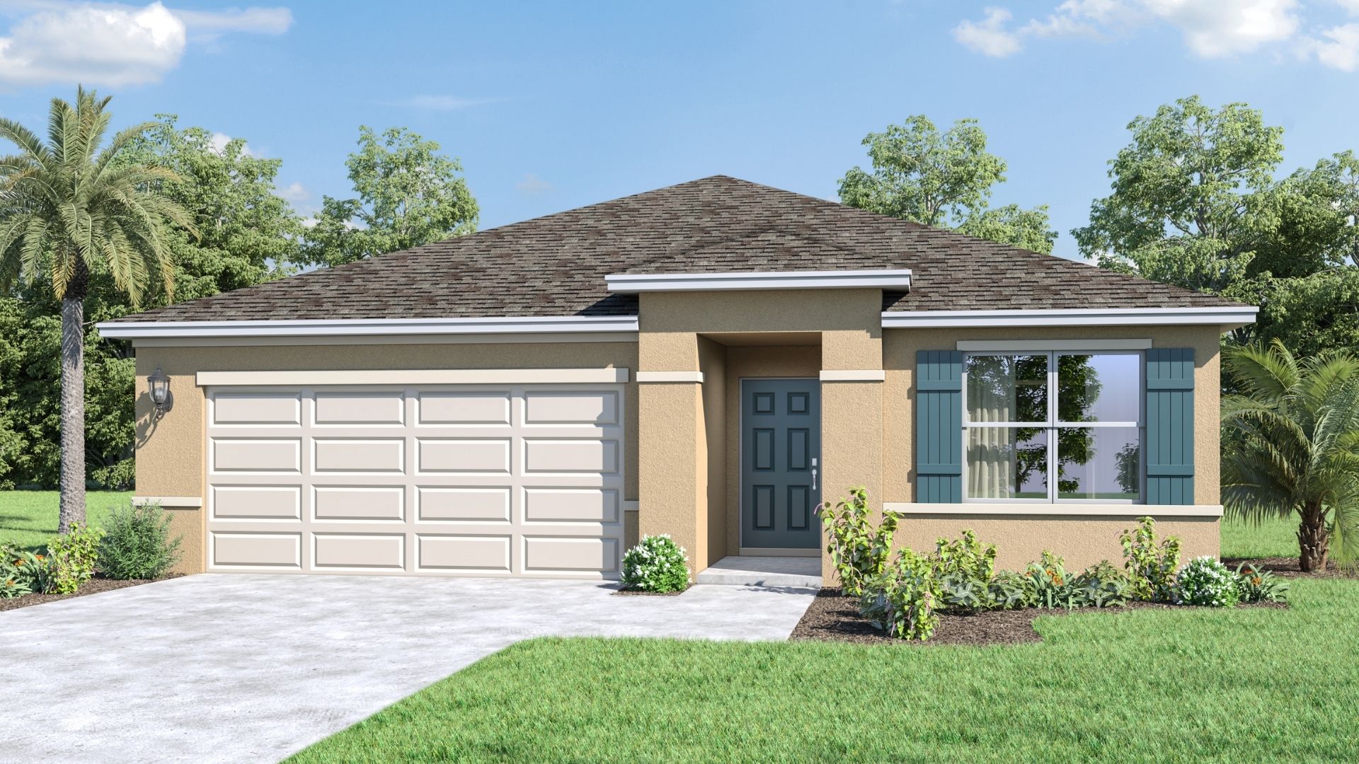 Single story new home with large windows and 2 car garage.
