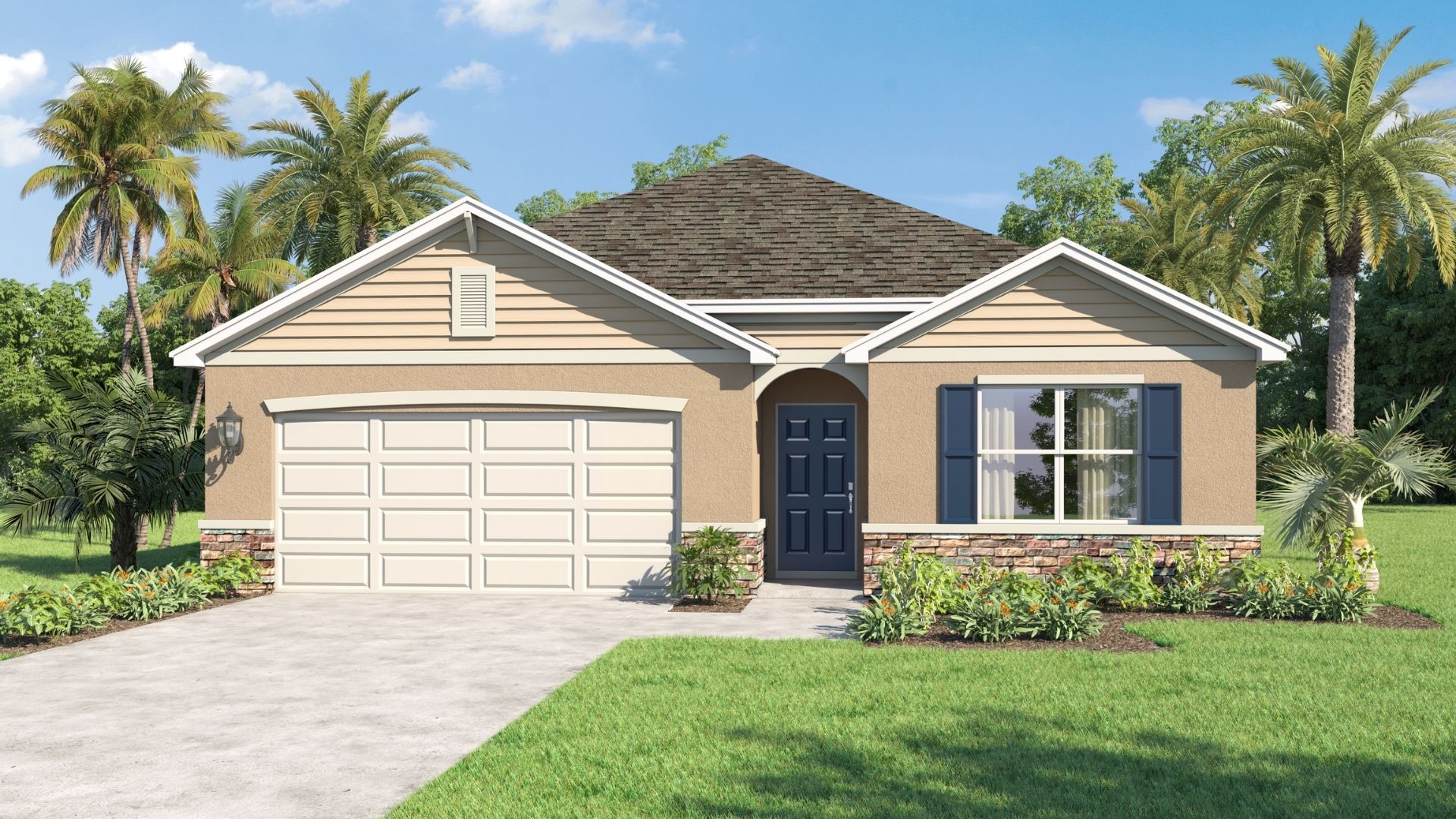 Single story new home with large windows and 2 car garage.
