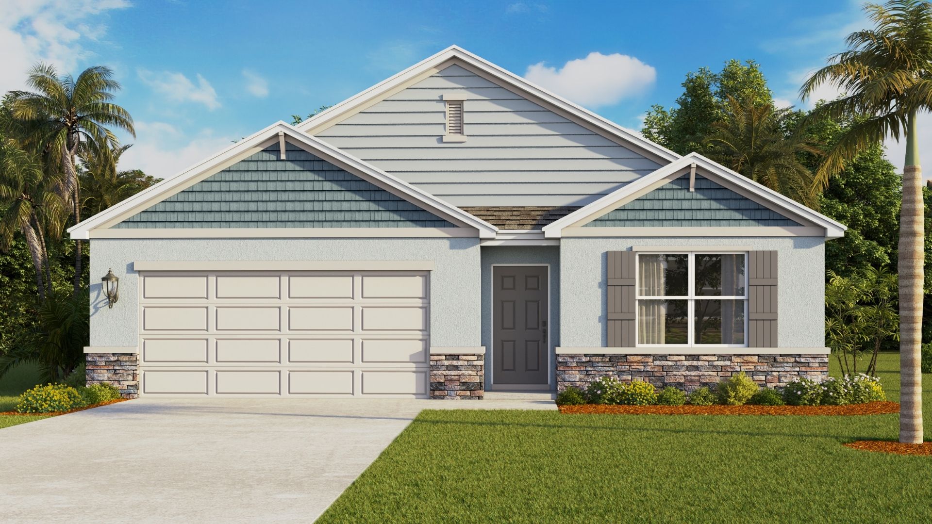 Single story new home with large windows and 2 car garage.