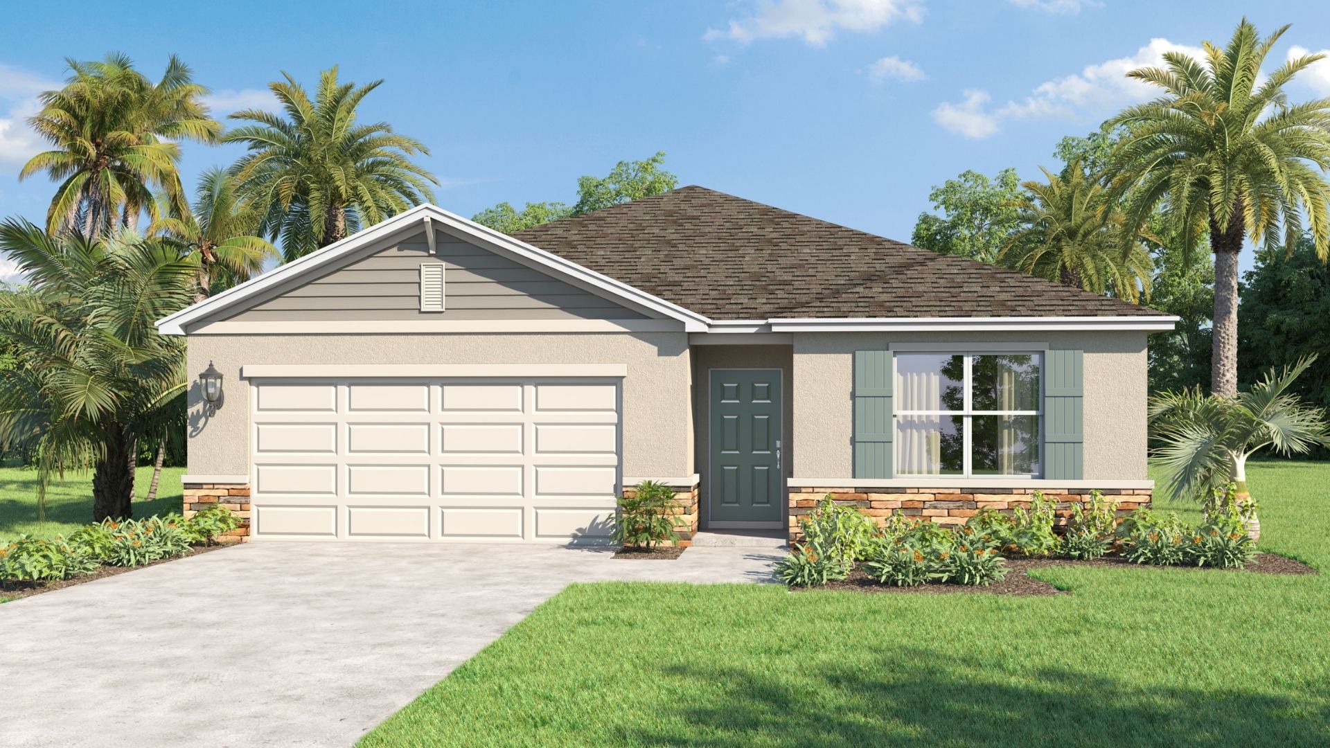 Single story new home with large windows and 2 car garage.