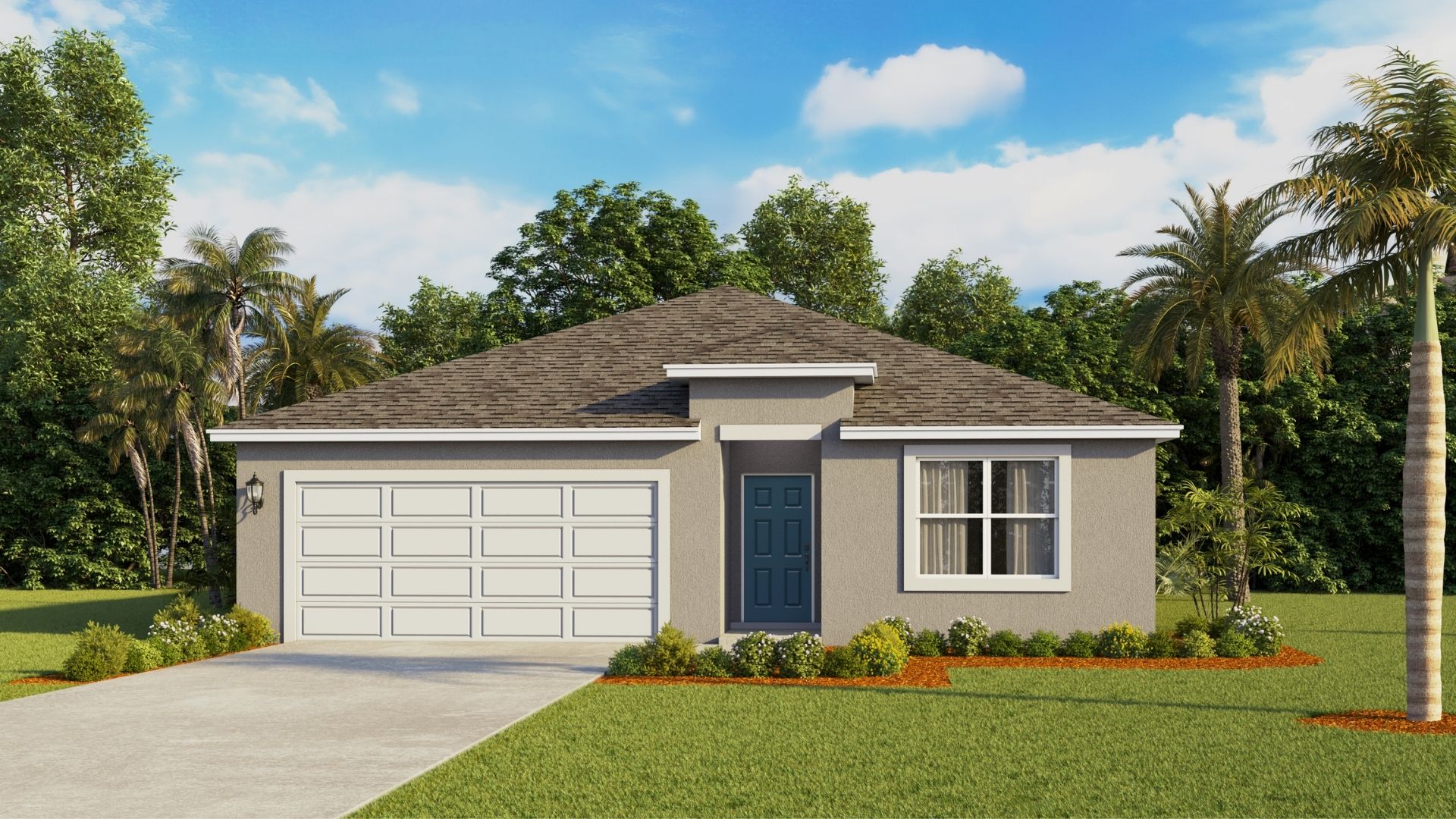 Single story new home with large windows and 2 car garage.