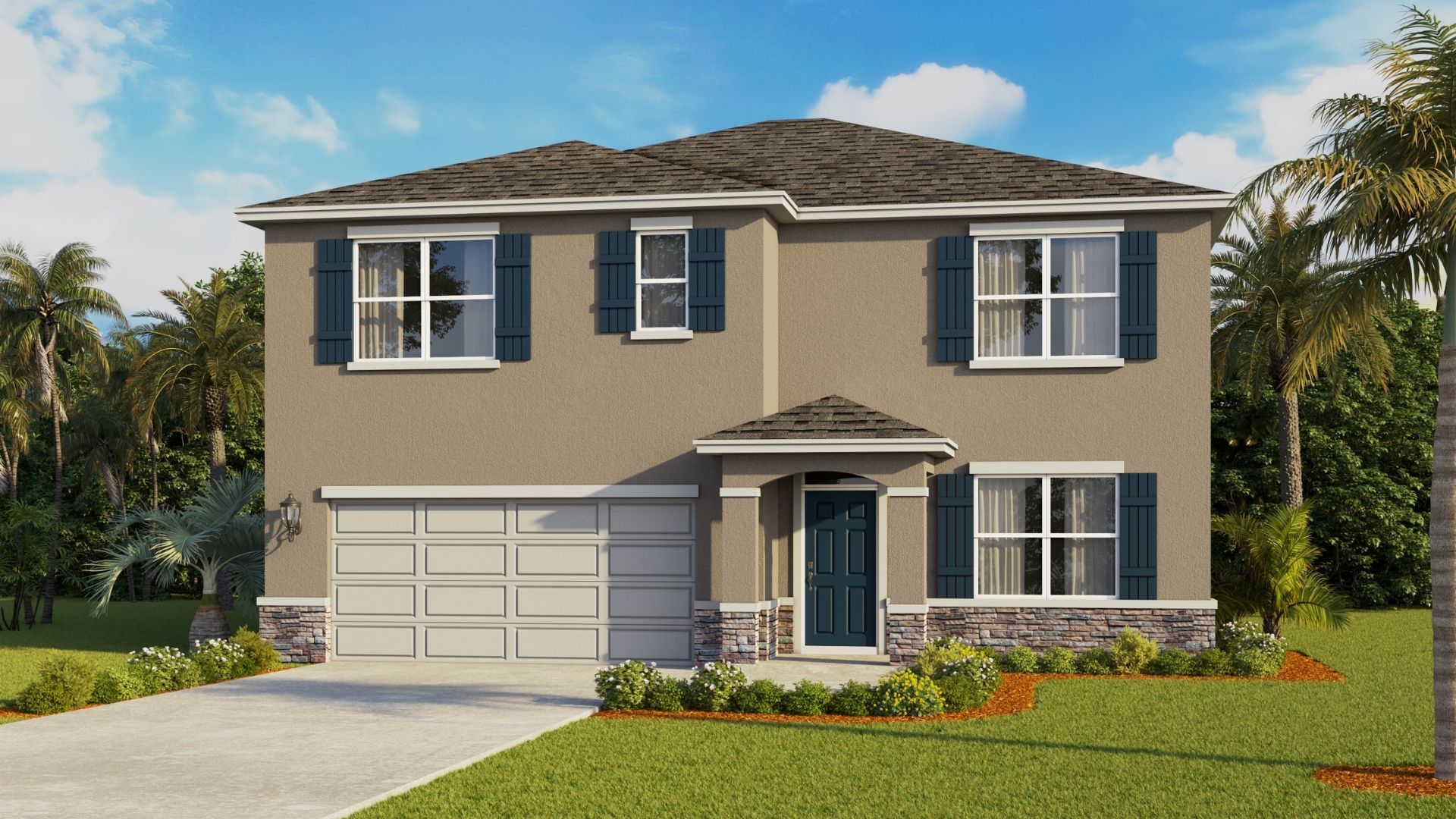 Two-story new home with driveway, large windows, and grassy front yard.
