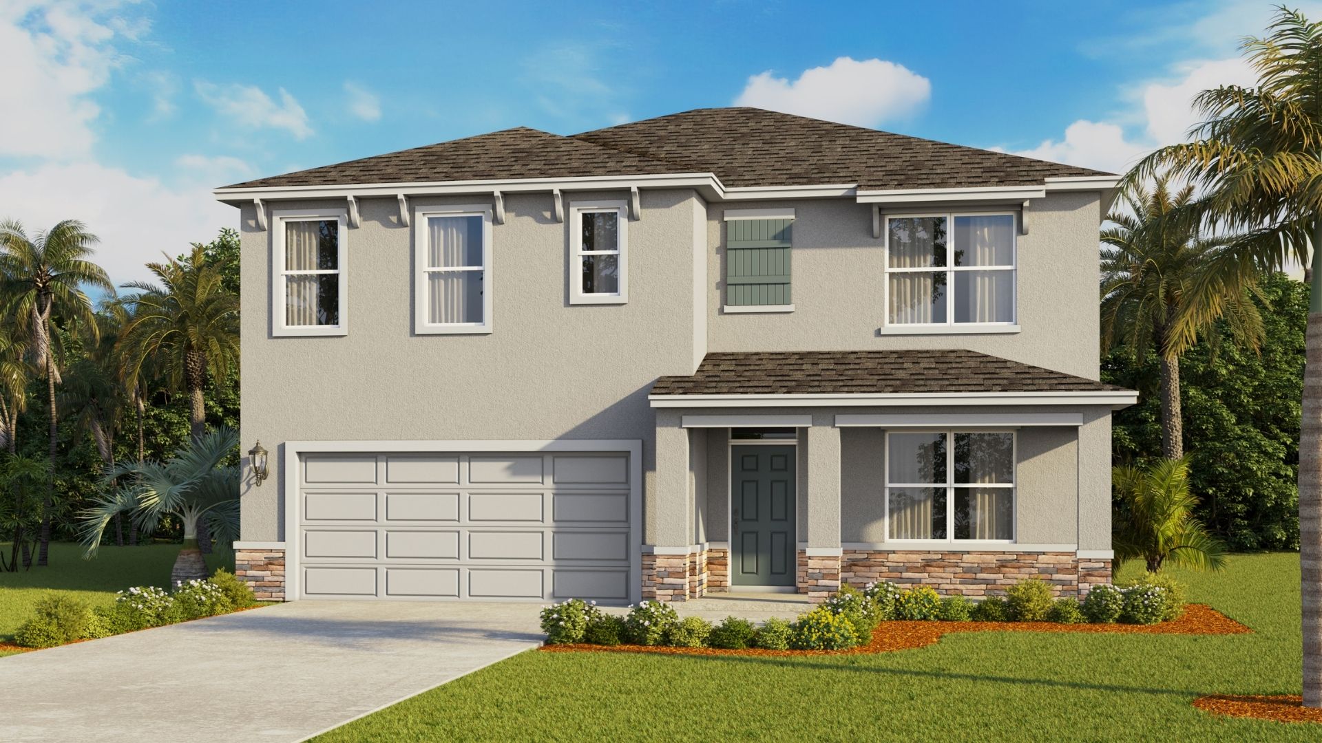 Single story new home with large windows and 2 car garage.