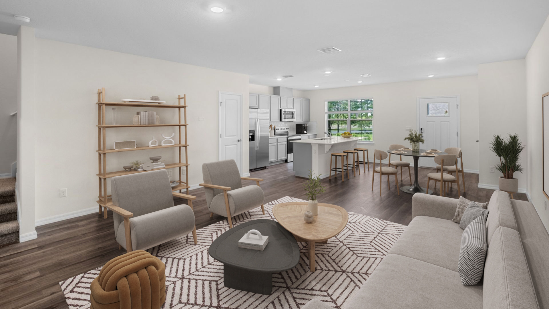 open concept space kitchen dining room and living area