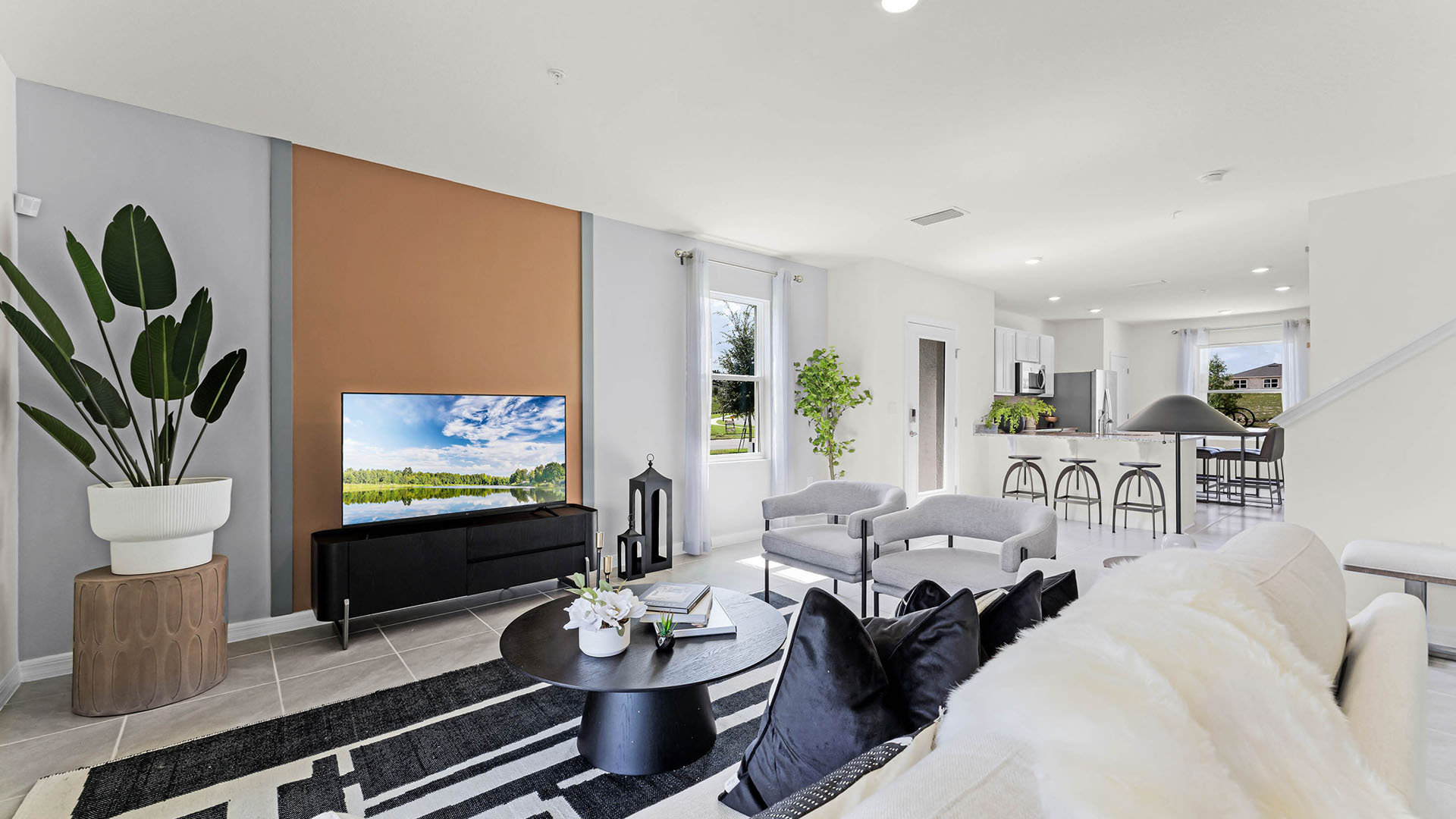 Living area with tile flooring