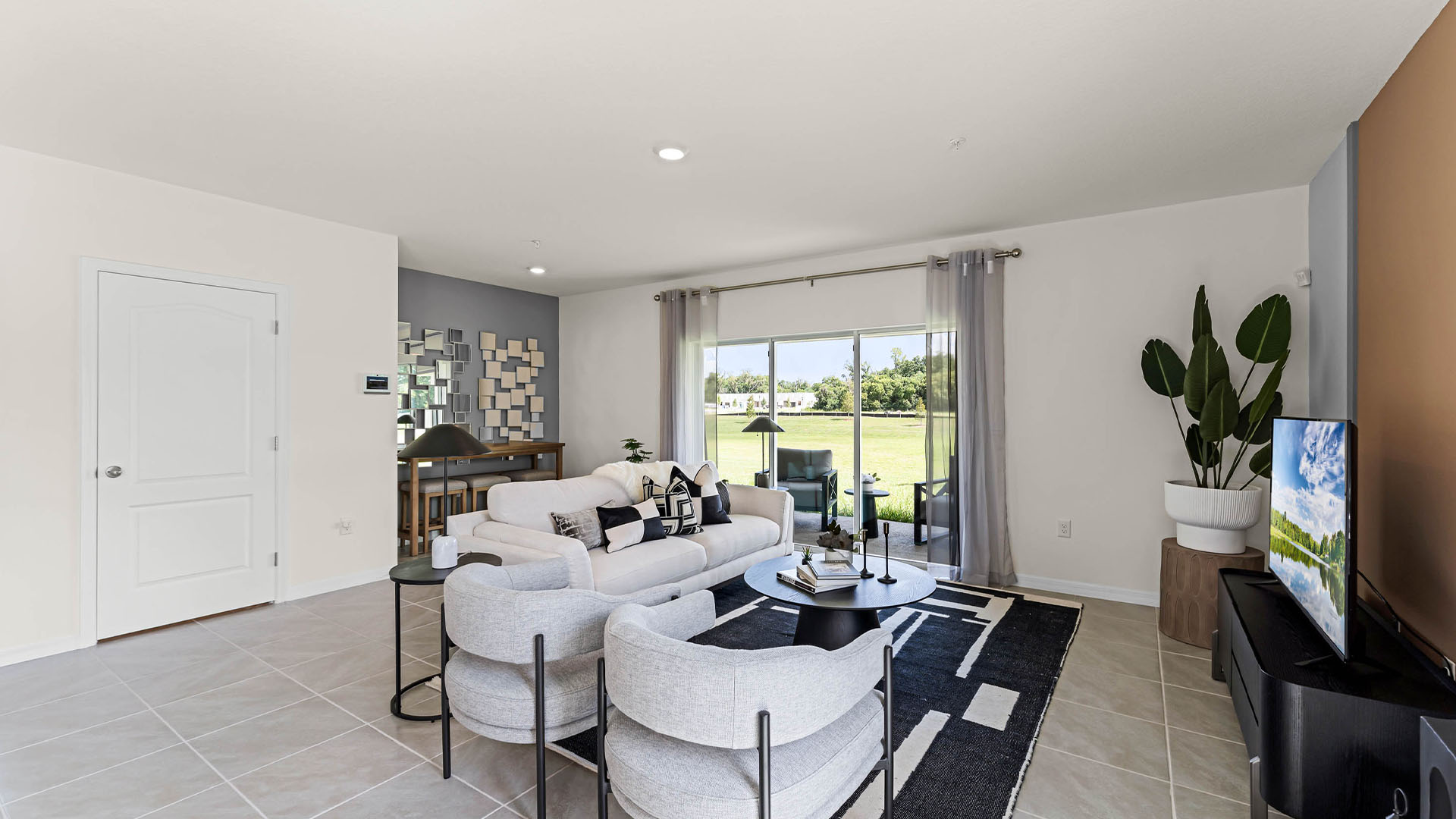 Living area with tile flooring