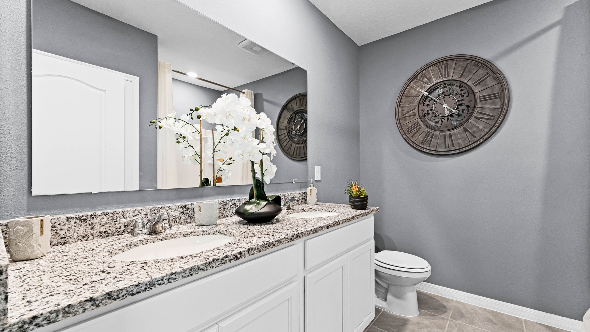 primary bathroom with granite counters