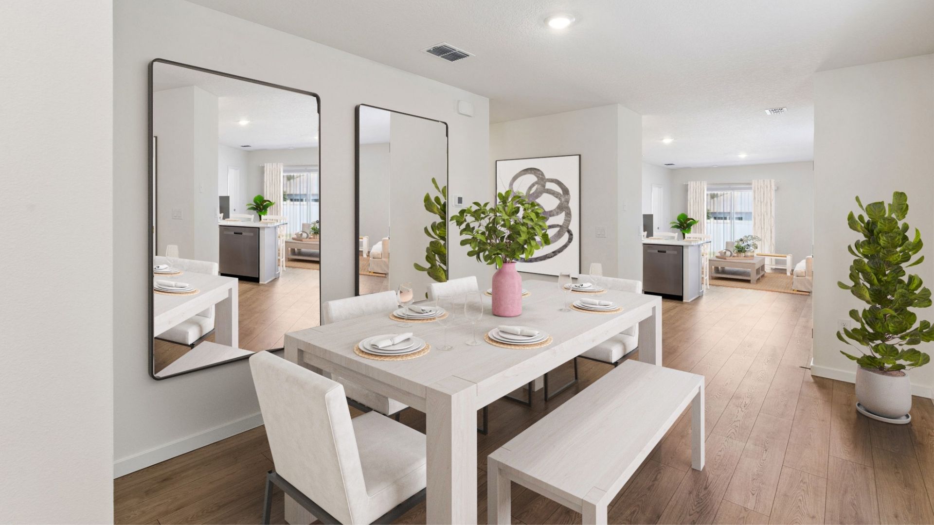 Dining room table with laminate flooring.