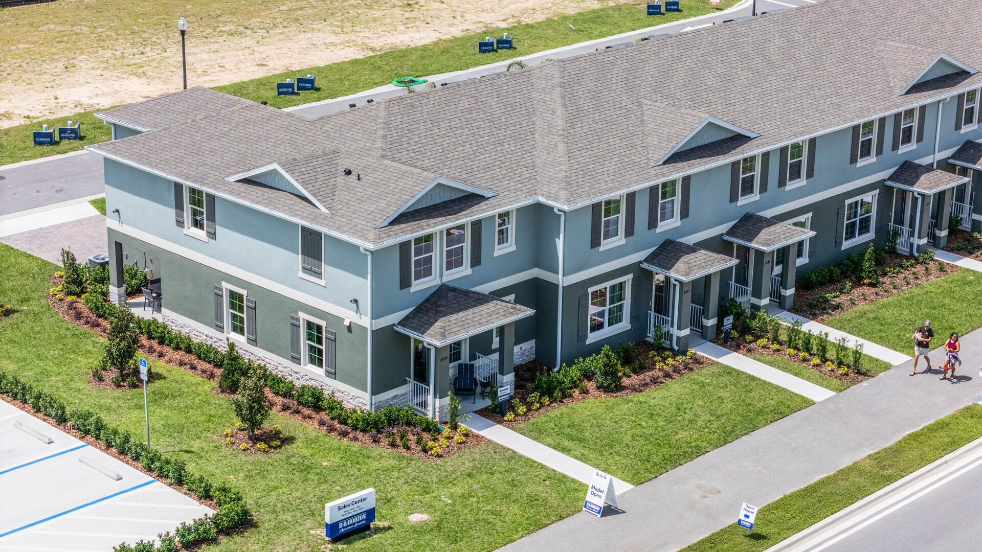 Arial view of townhomes with concrete block construction.