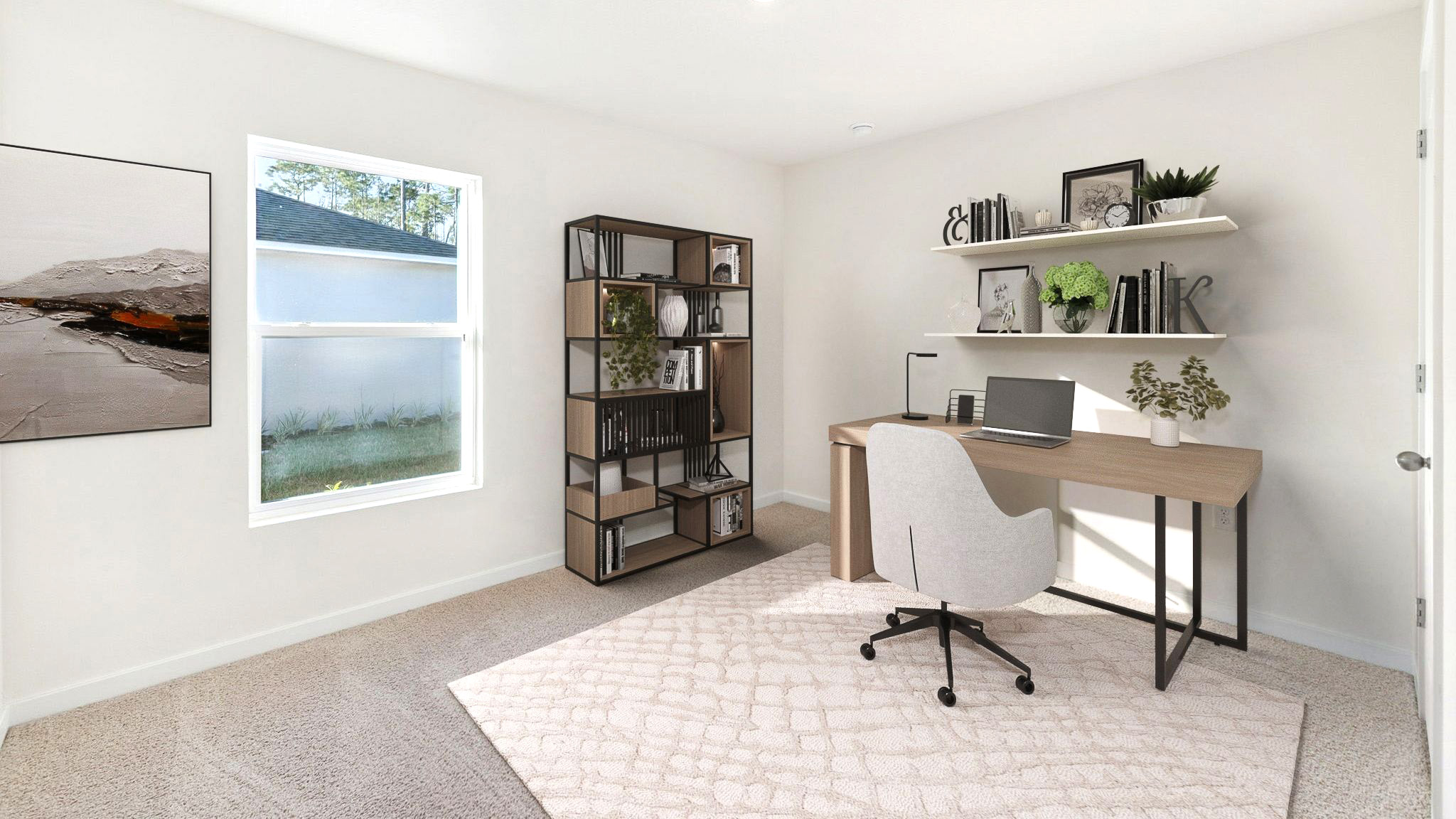 Functional home office with desk, chairs and space to work or play.