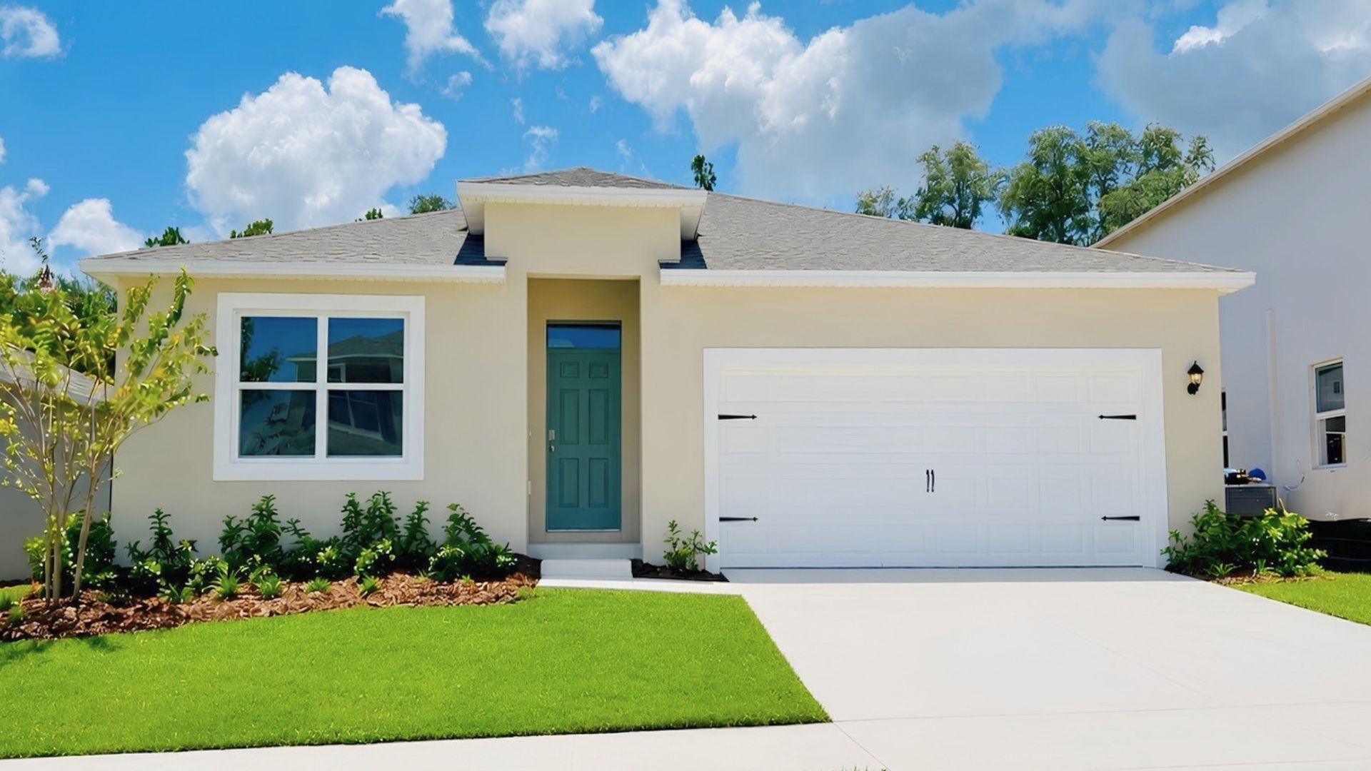 Single story new home with large windows and 2 car garage.