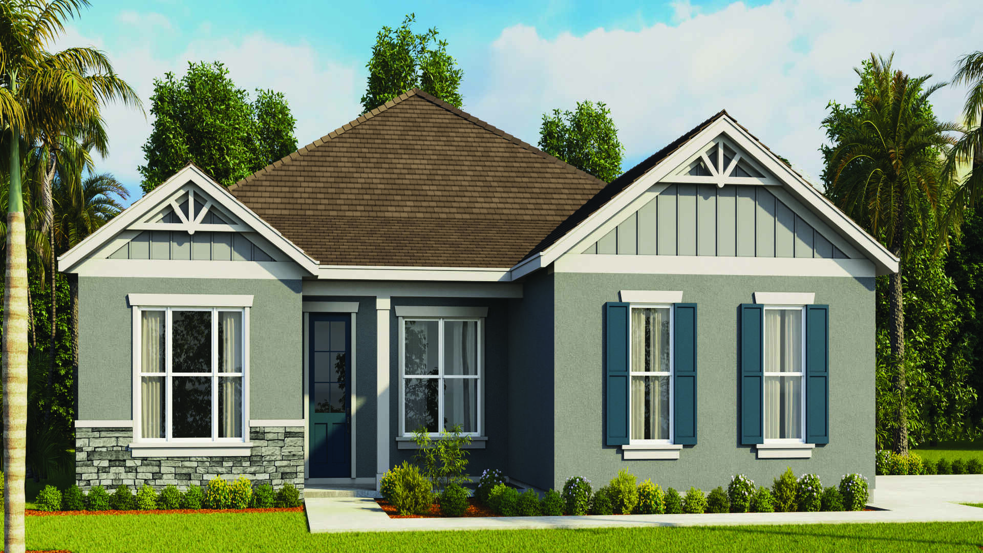 Single story family home with side load garage