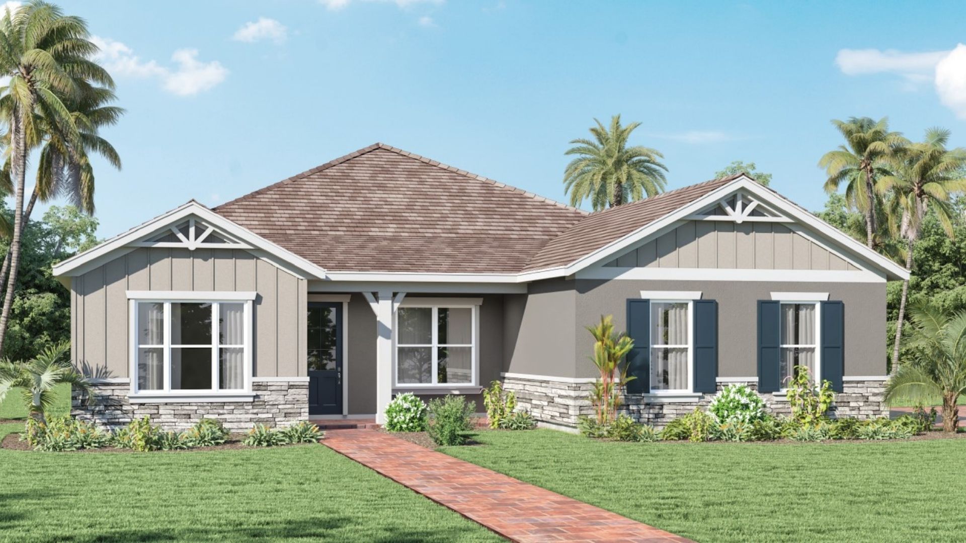 single story new home with large windows and side garage