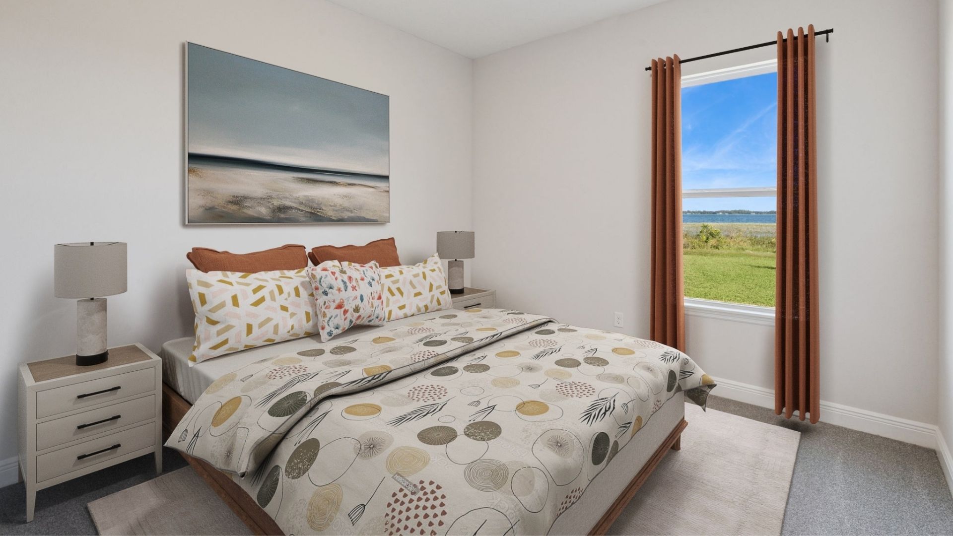 Guest bedroom with bed, nighstand and natural lighting and spacious closet.