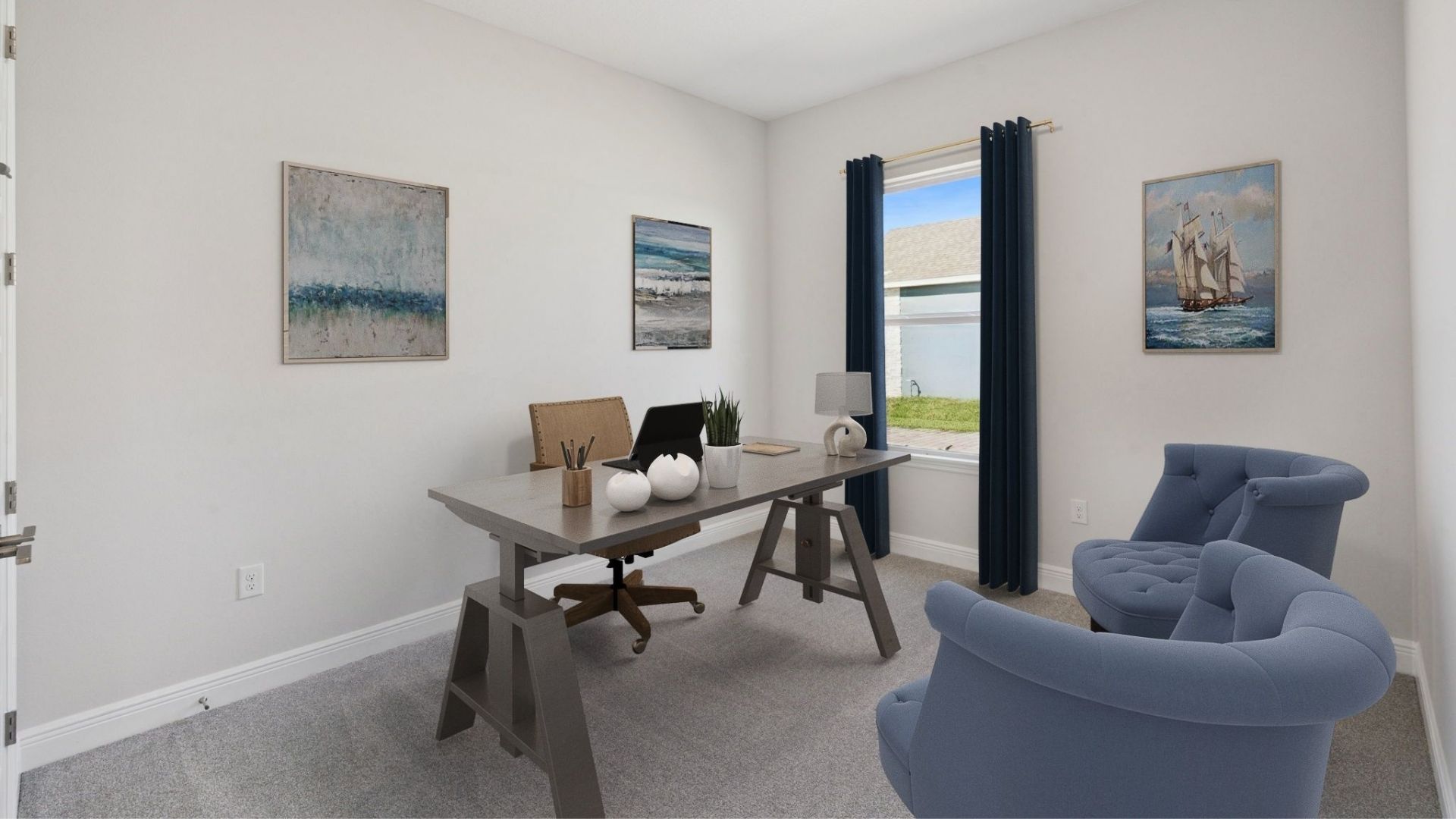 Functional home office with desk, chairs and space to work or play.