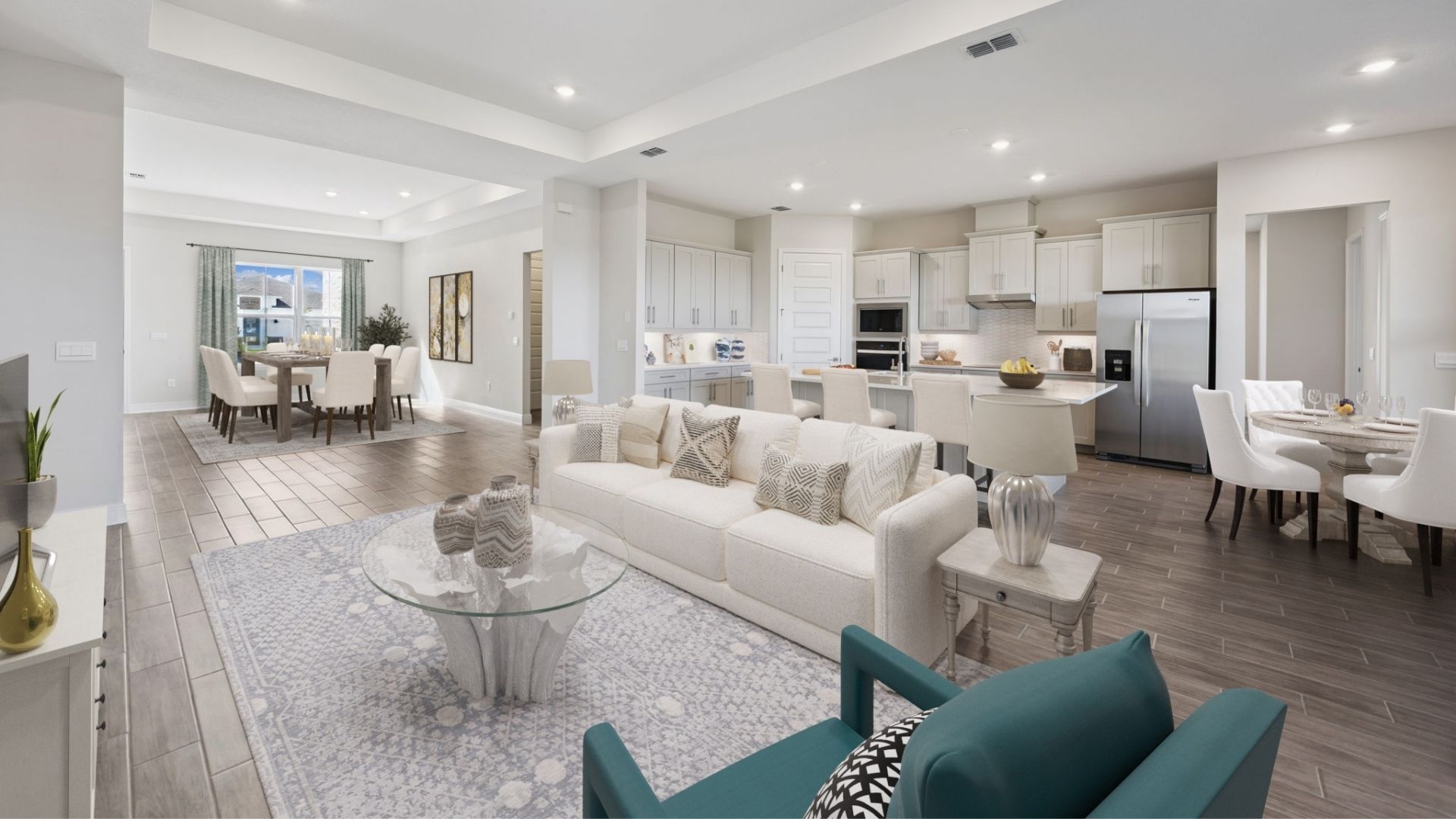 living area and kitchen wand dining room