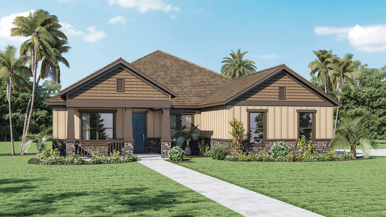 Single story new home with large windows and 2 car garage.