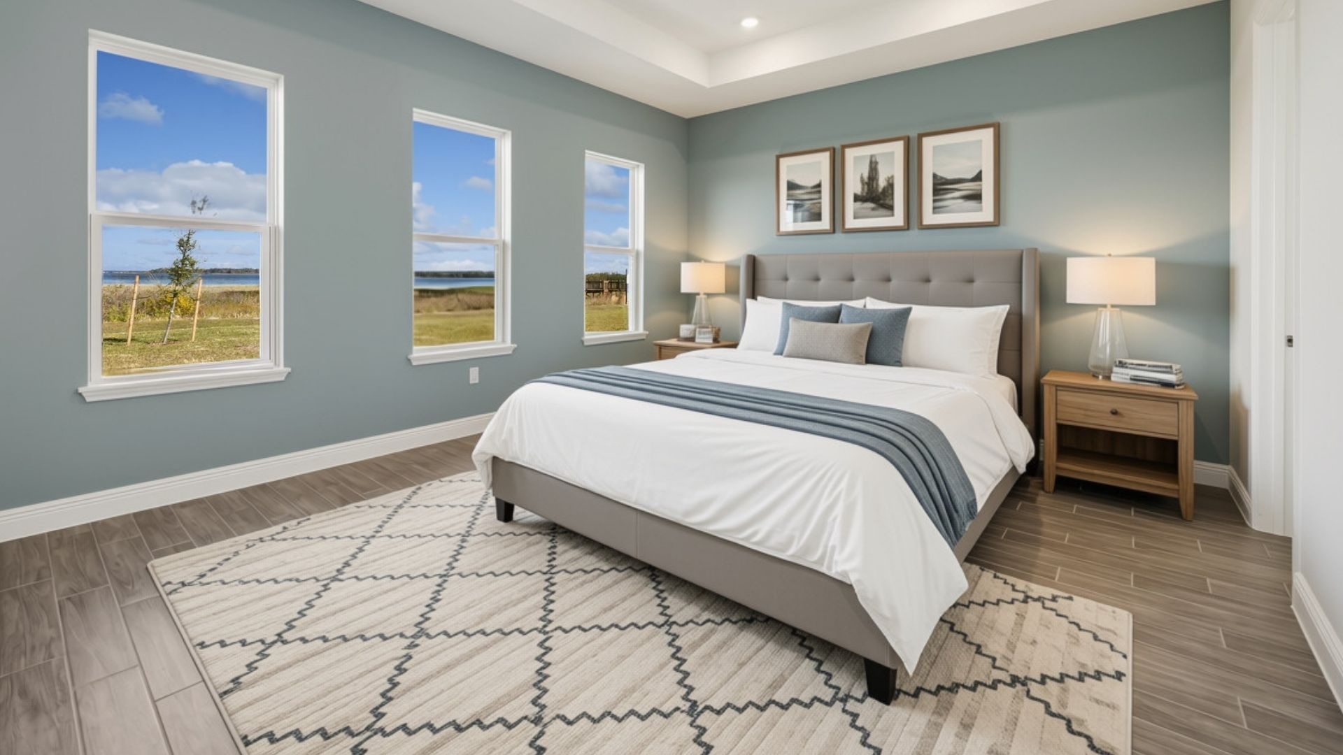 lakelot Single story new home with large windows and 2 car garage.