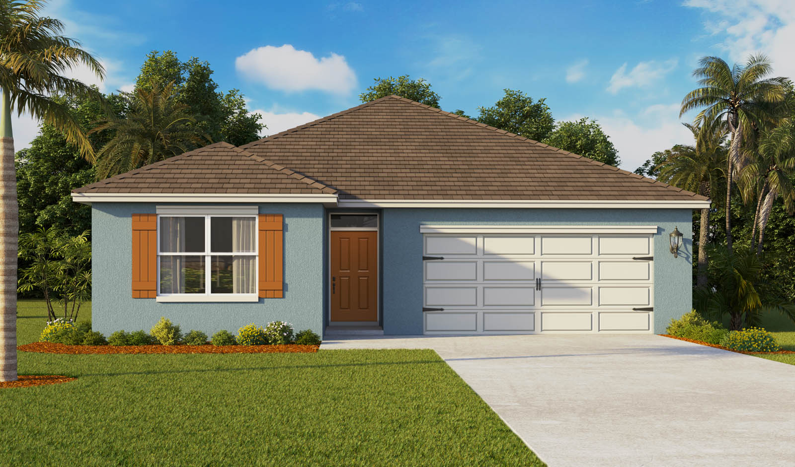Single story new home with large windows and 2 car garage.