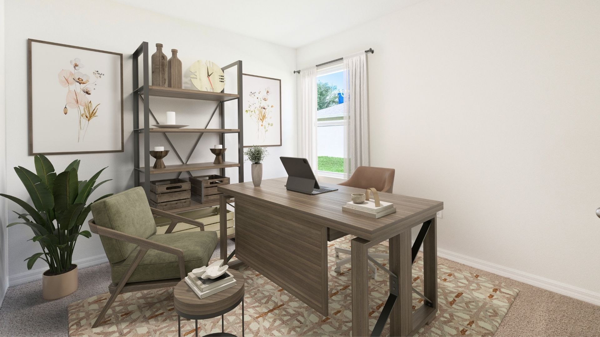 Functional home office with desk, chairs and space to work or play.