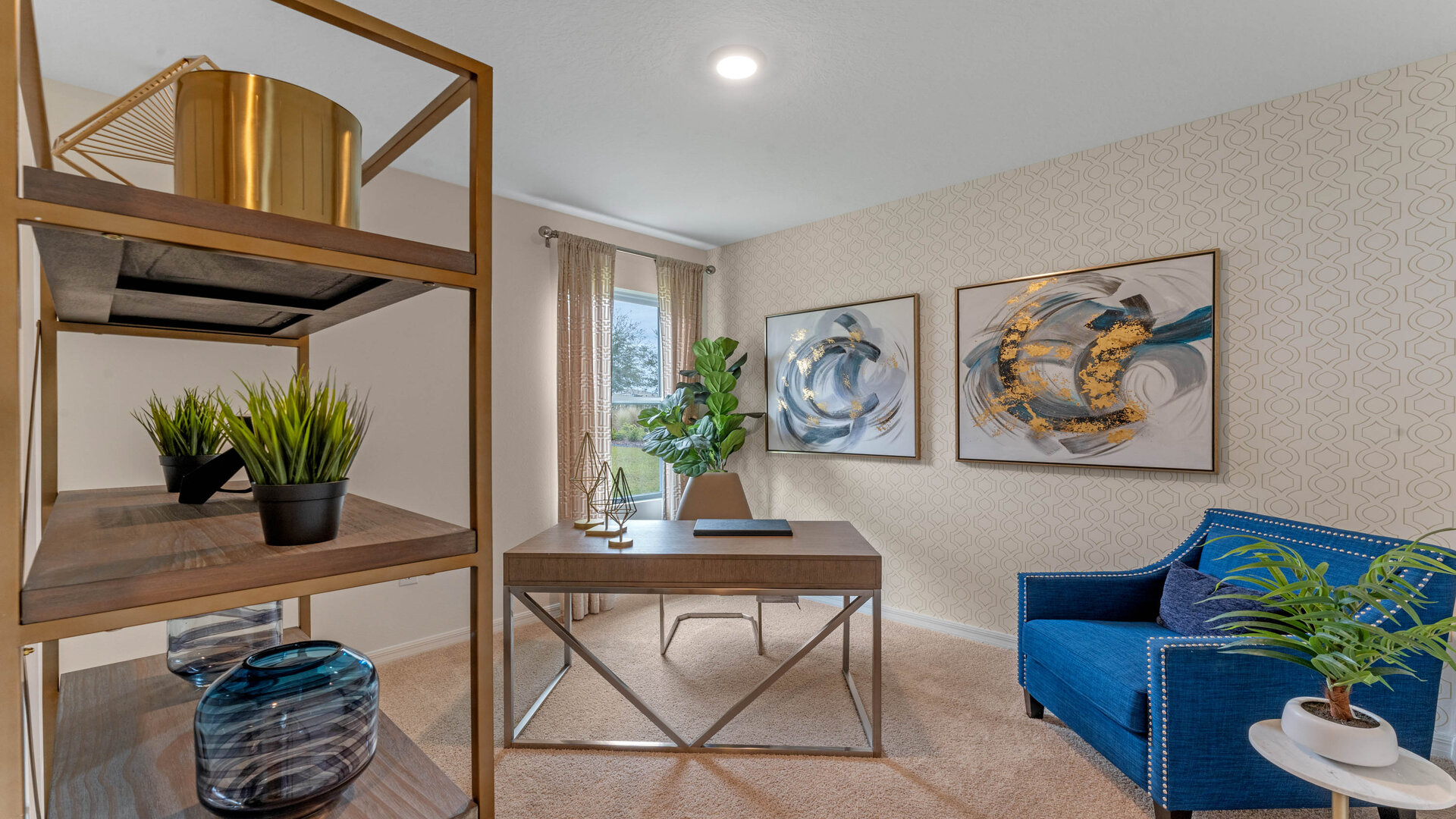 Functional home office with desk, chairs and space to work or play.