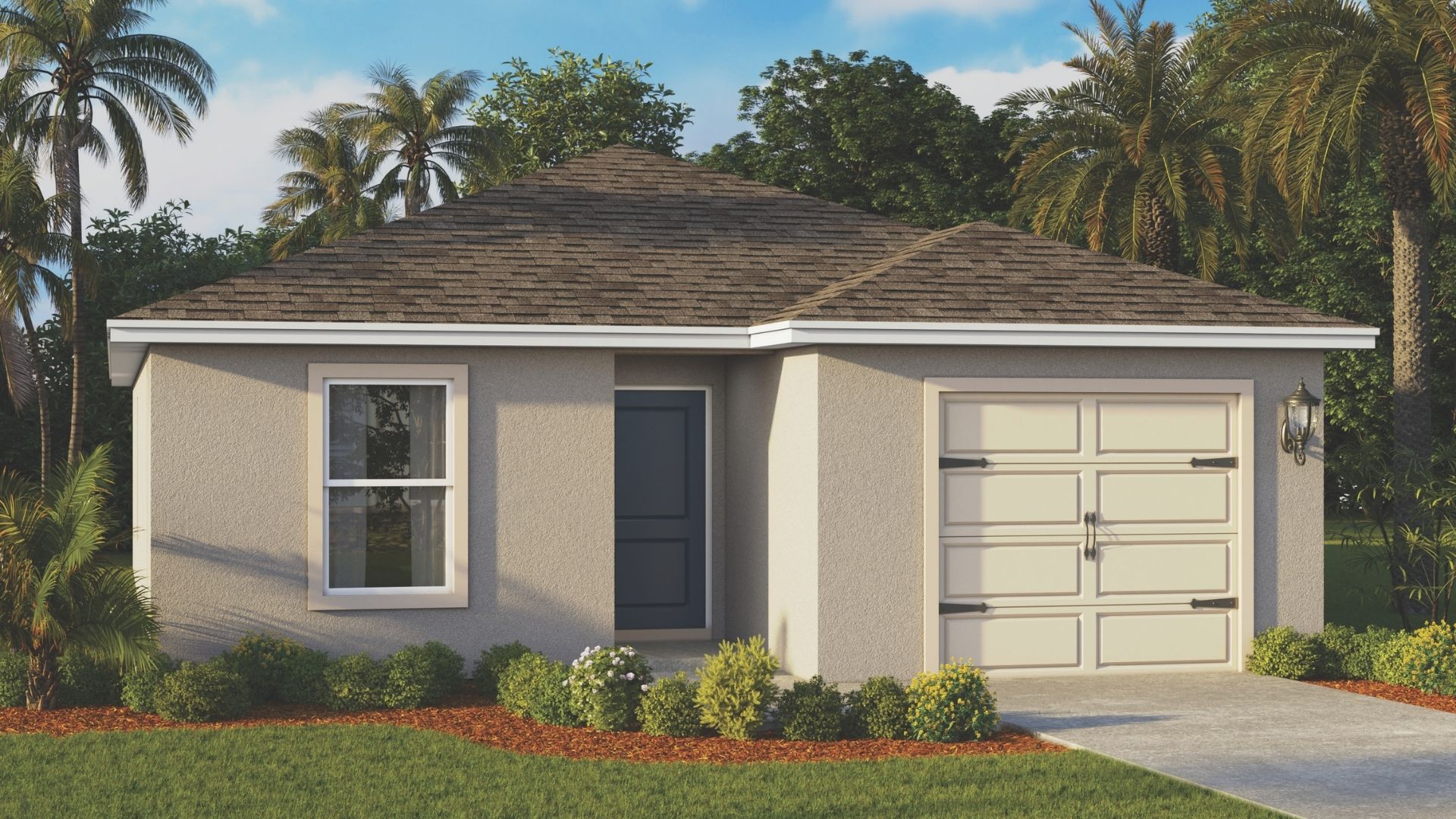 Greenbriar floorplan rendering single story home one car garage