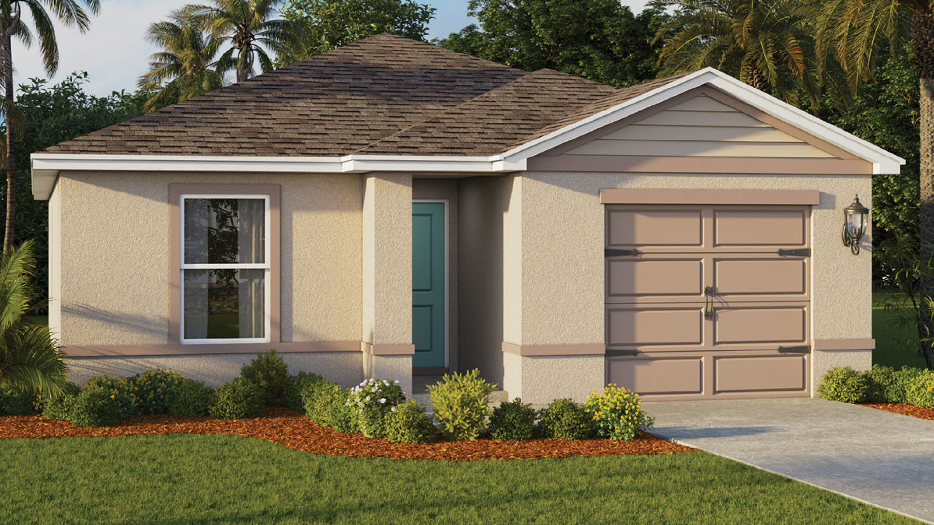 Greenbriar floorplan rendering single story home one car garage