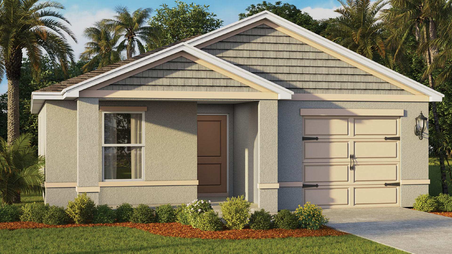 Greenbriar floorplan rendering single story home one car garage