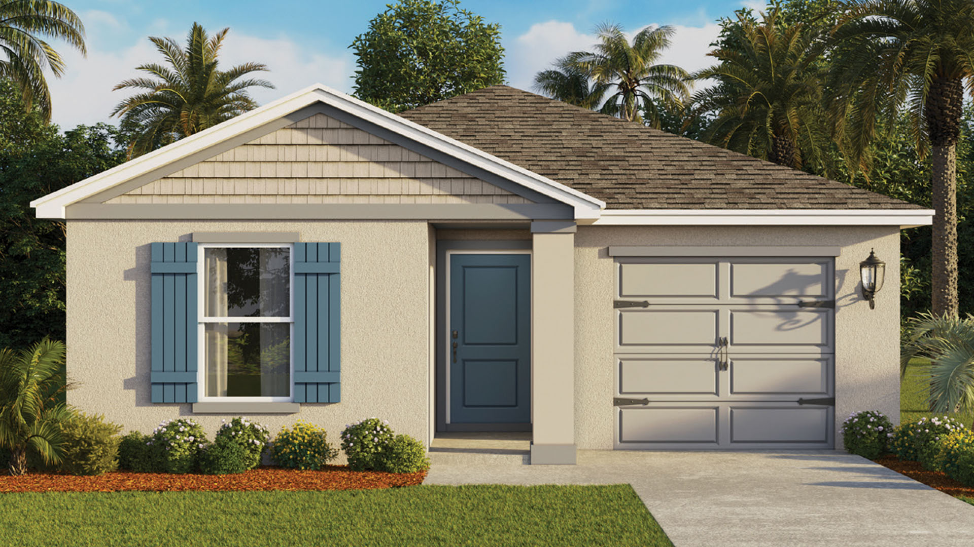 rendering of single family home , single story, one car garage