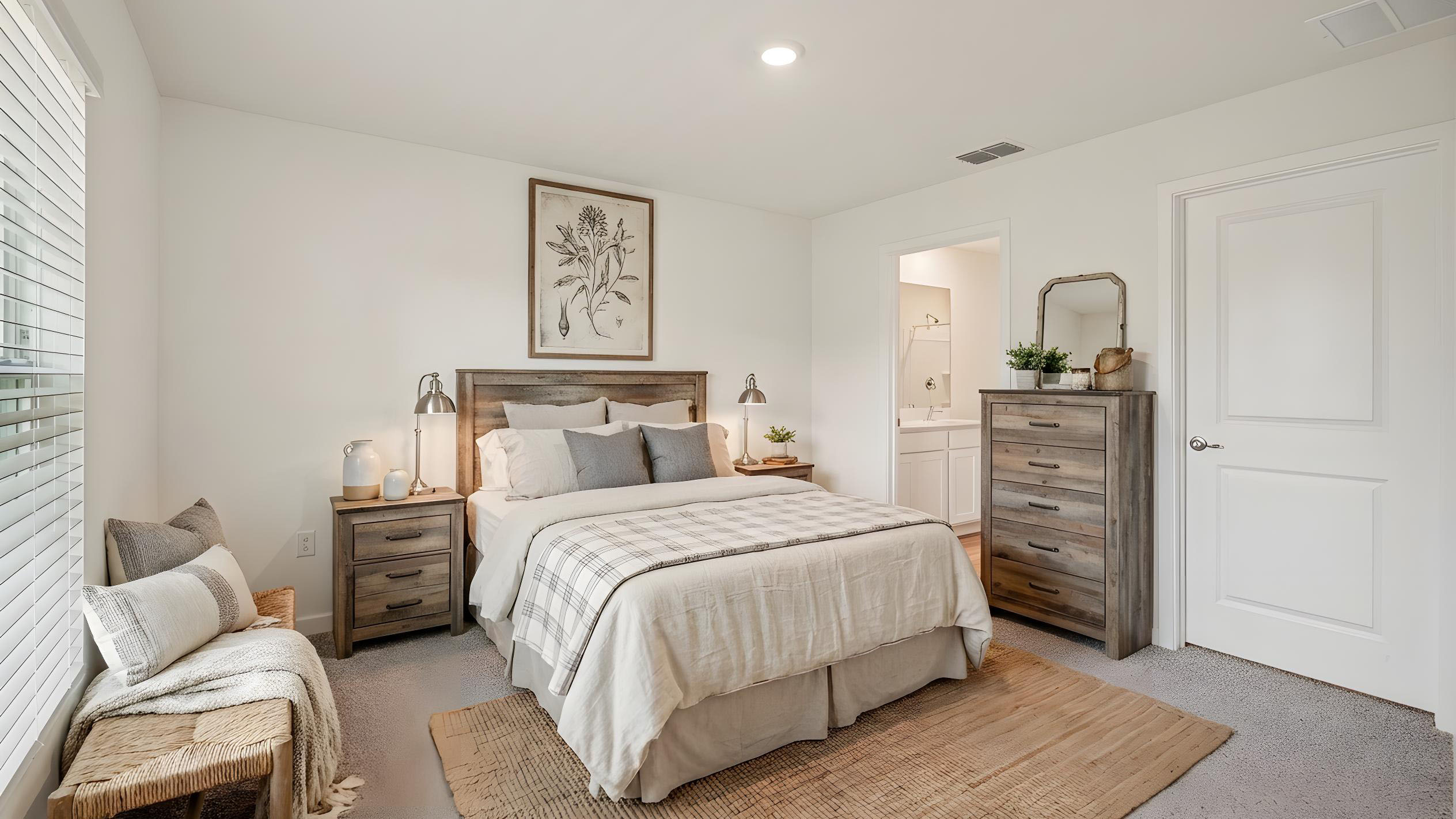 Spacious primary bedroom with bed, carpet flooring, natural lighting showing access to primary bathroom.