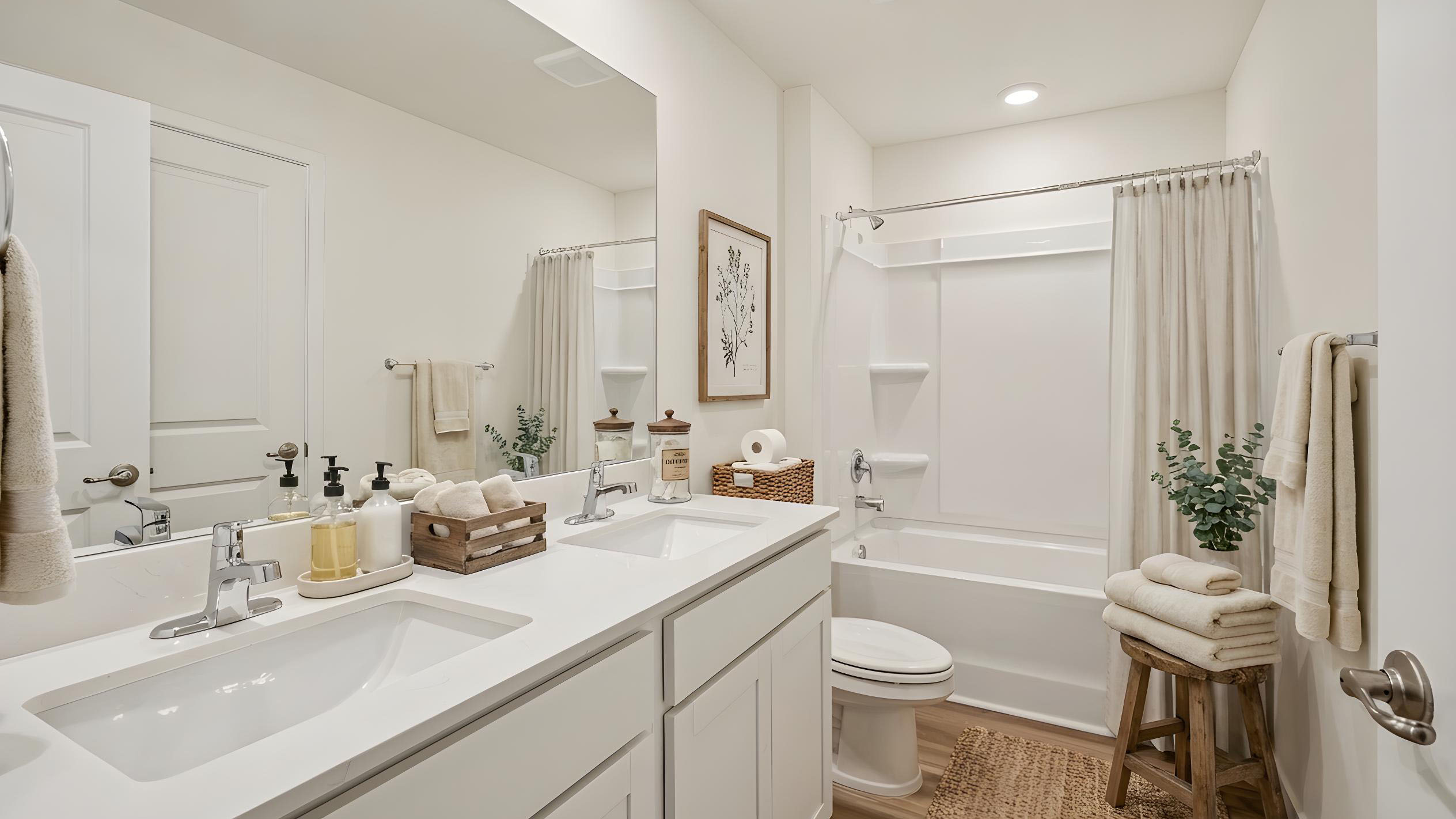 Guest bathroom with double vanity quartz countertops, toilet and shower.