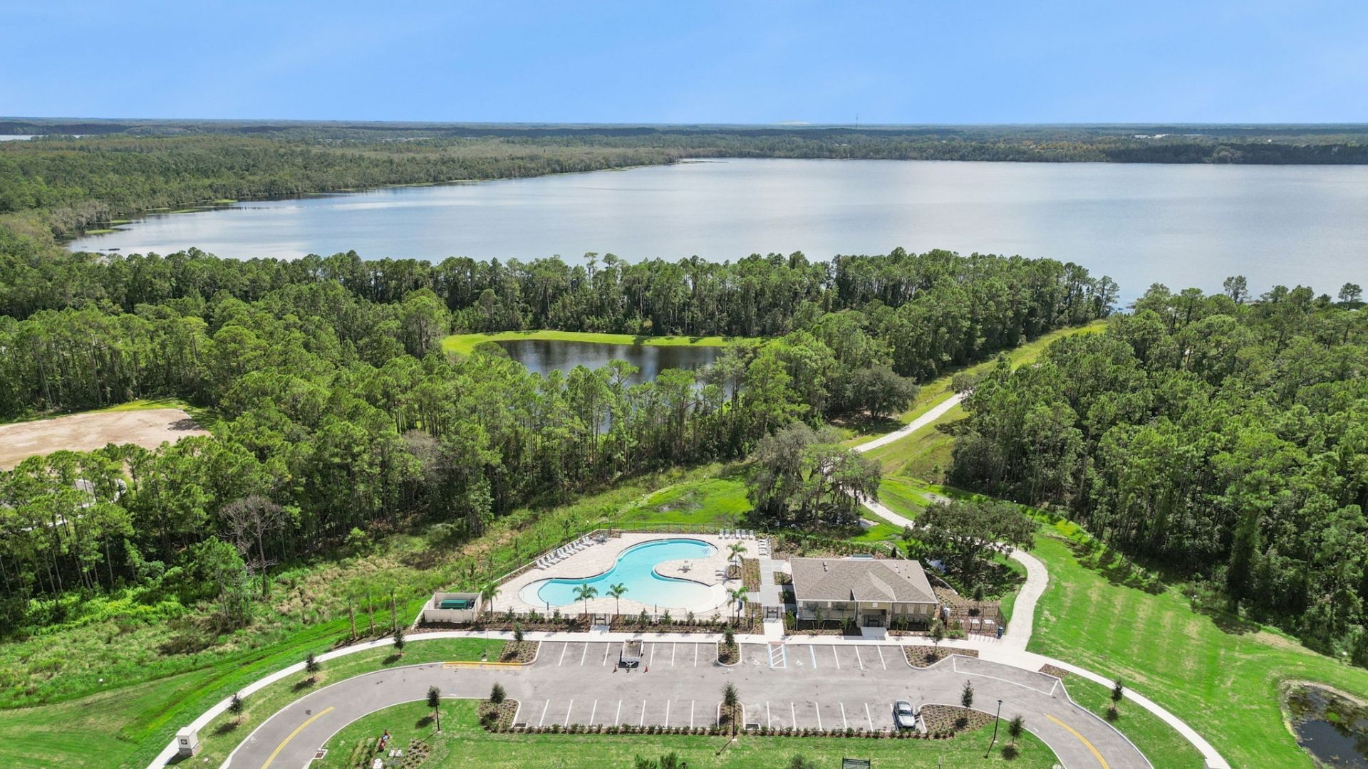 Arial view of clubhouse along with amenities.