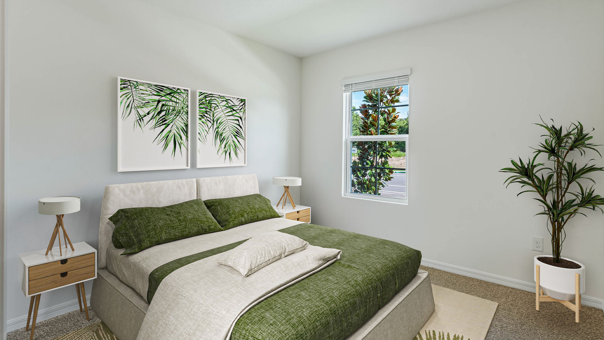 Guest bedroom with bed, nighstands and natural lighting.
