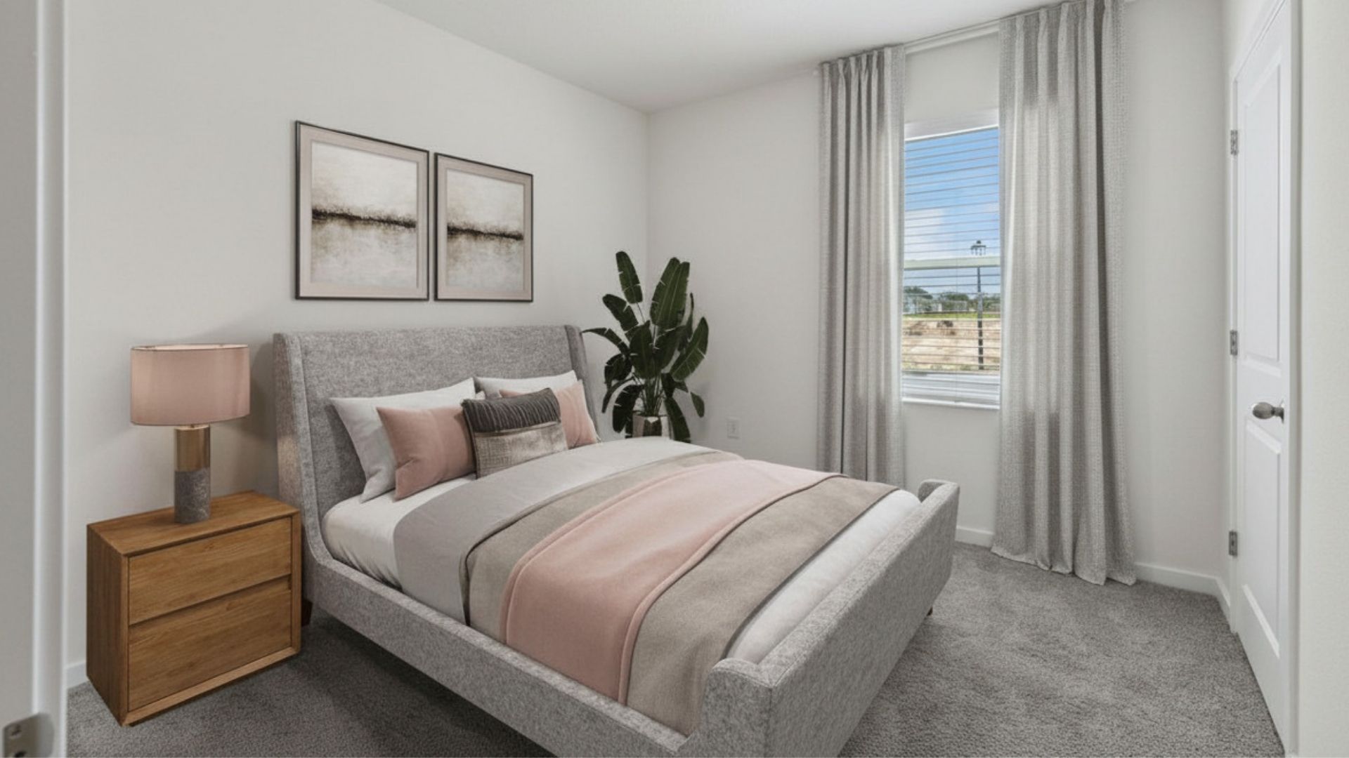 Guest bedroom with bed, nighstands and natural lighting.