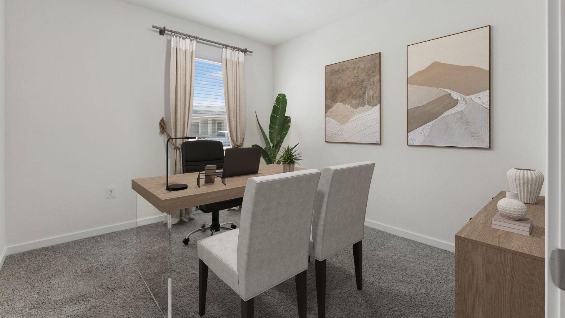 Functional home office with desk, chairs and space to work or play.