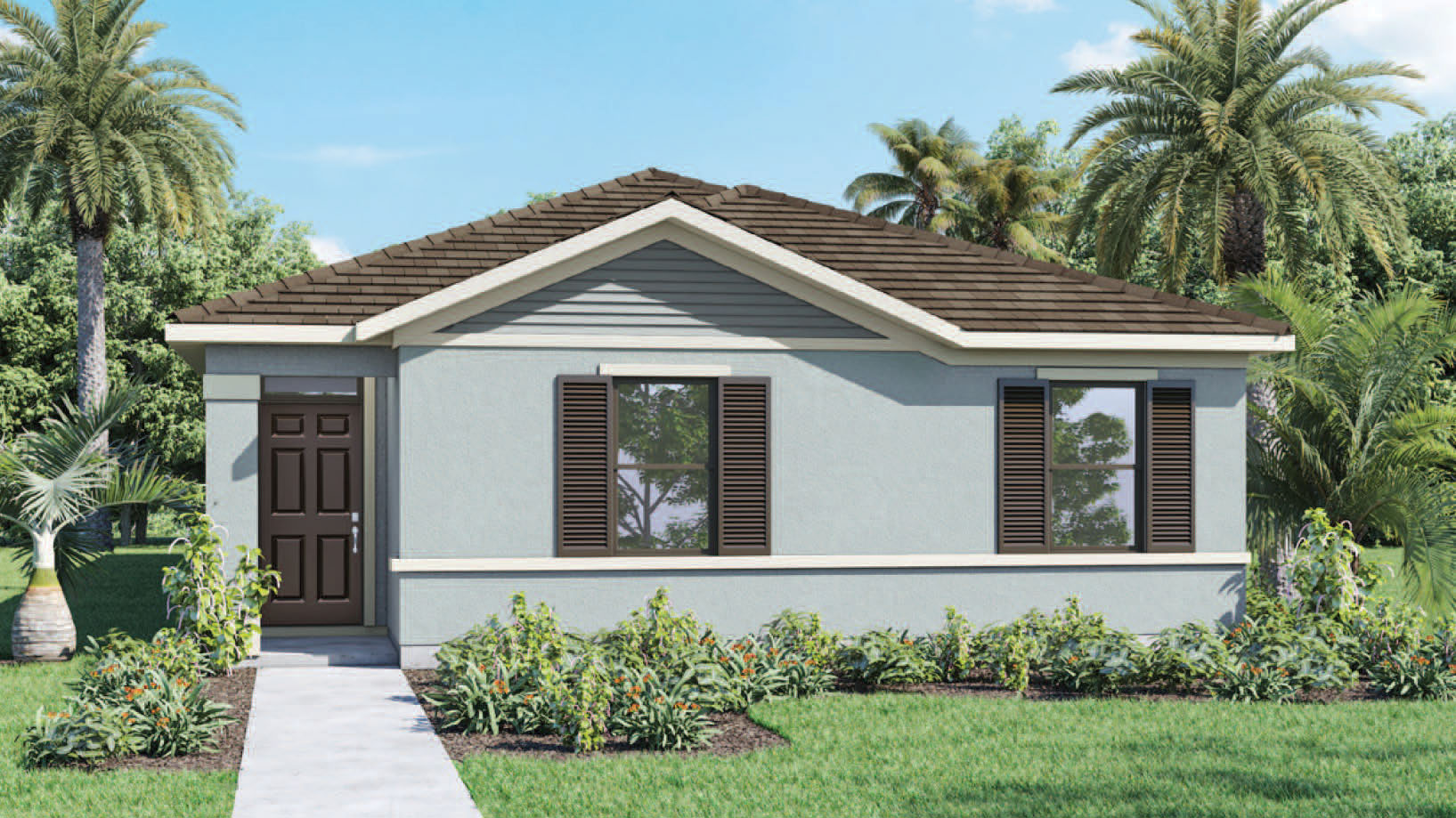 Single story new home with large windows and grassy front yard.