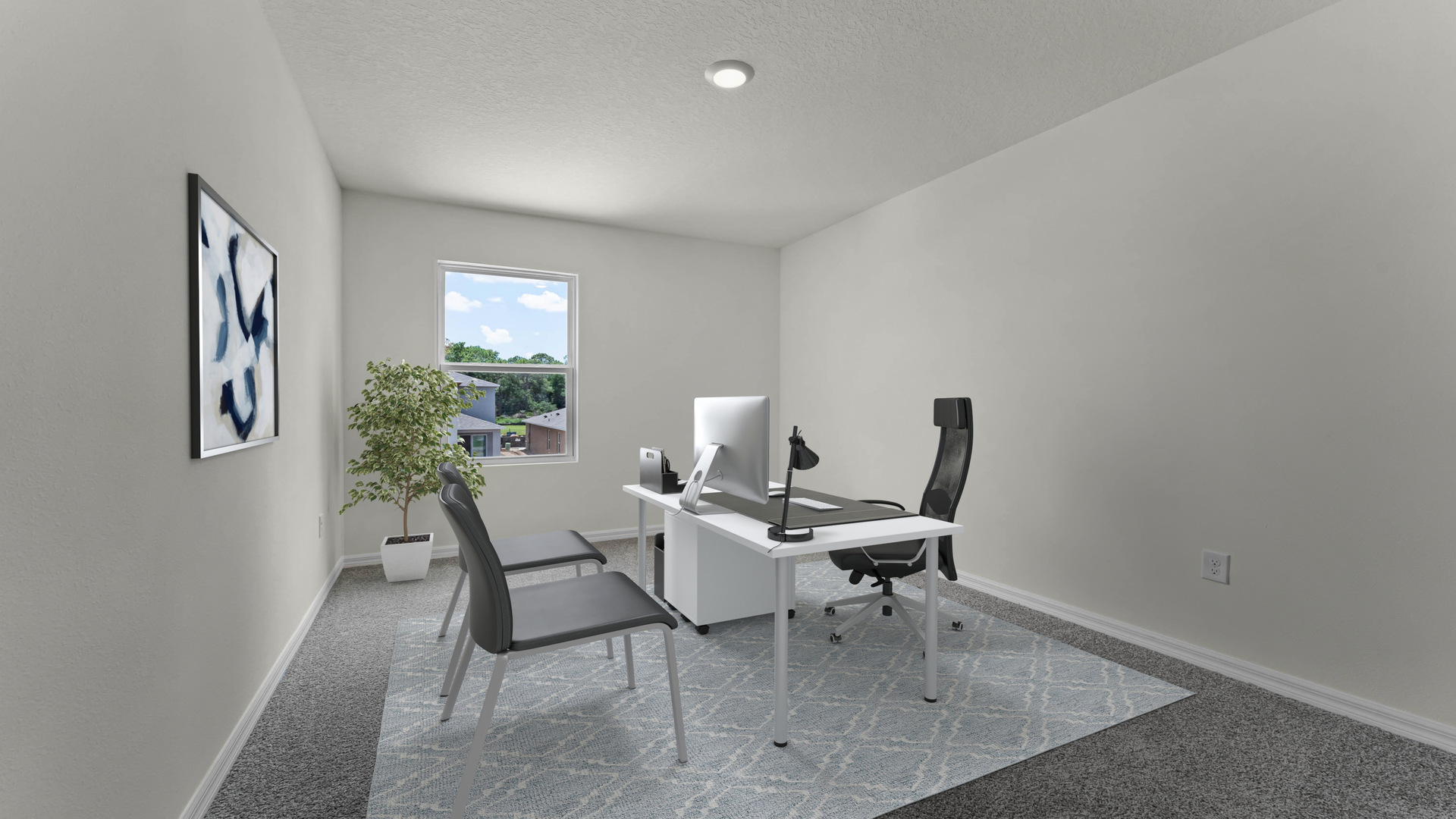 Functional home office with desk, chairs and space to work or play.