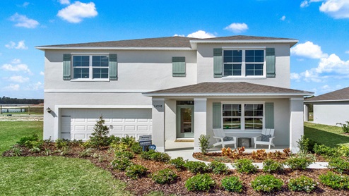 Two-story new home with siding, covered porch and 2 car garage.