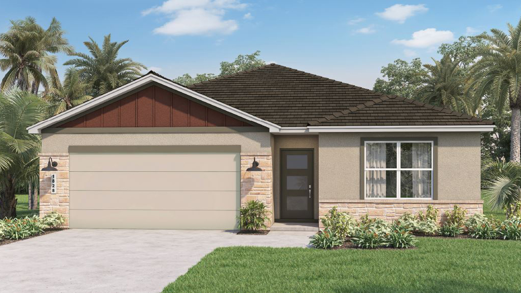 Single story new home with large windows and 2 car garage.