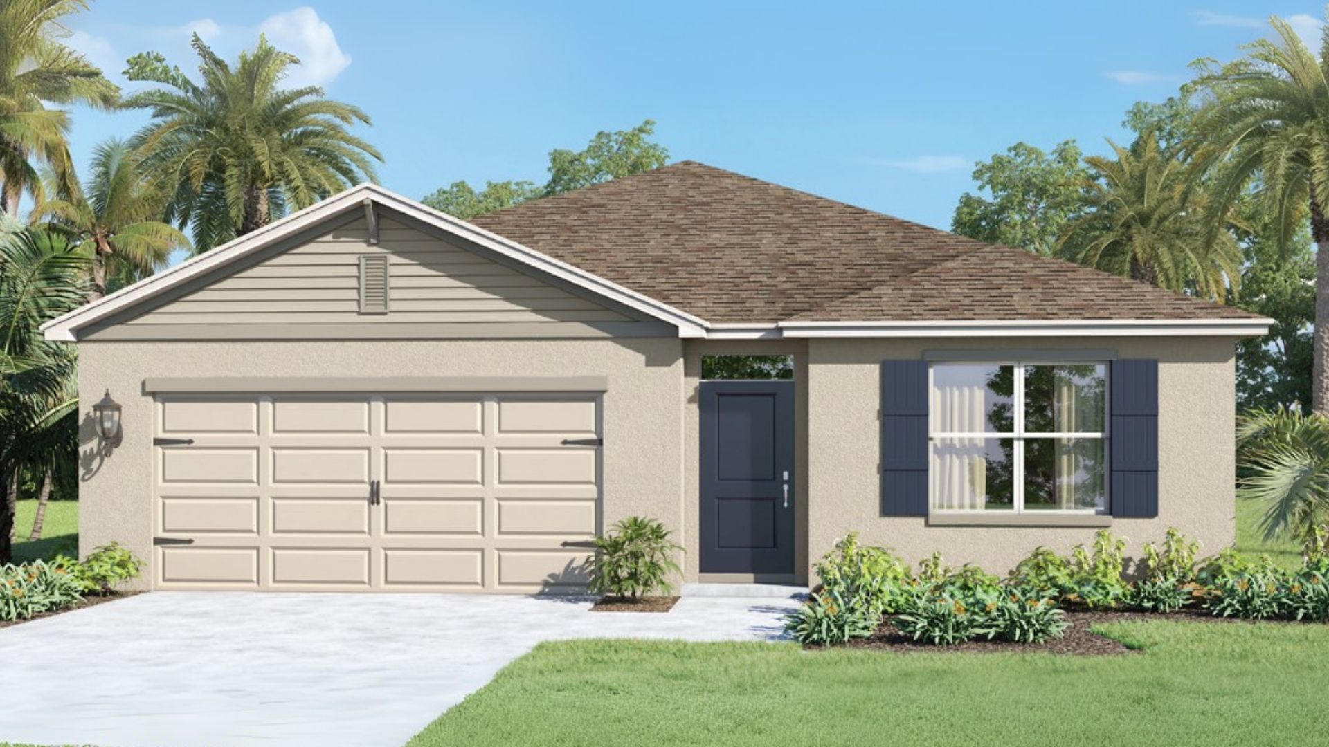 Home Rendering of Single story new home with large windows and 2 car garage.