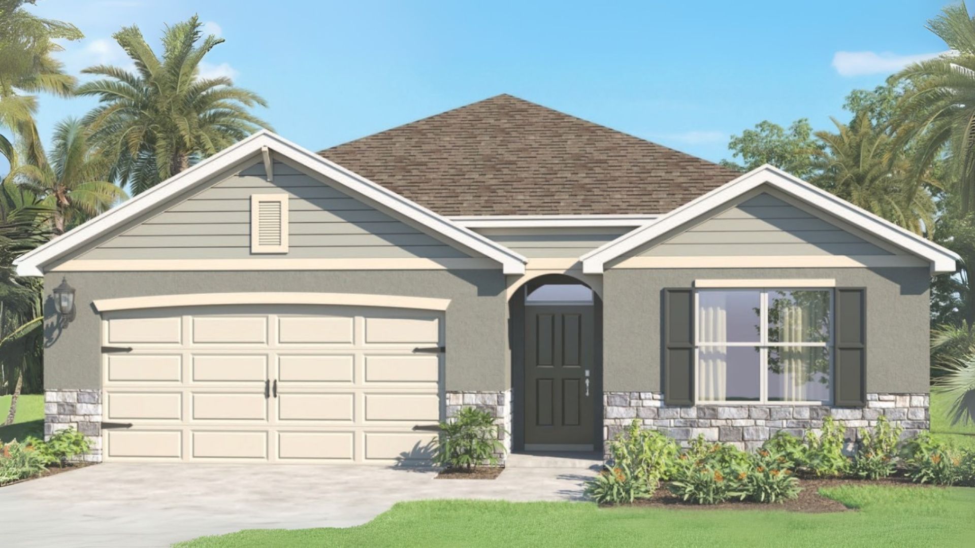 Home Rendering of Single story new home with large windows and 2 car garage.