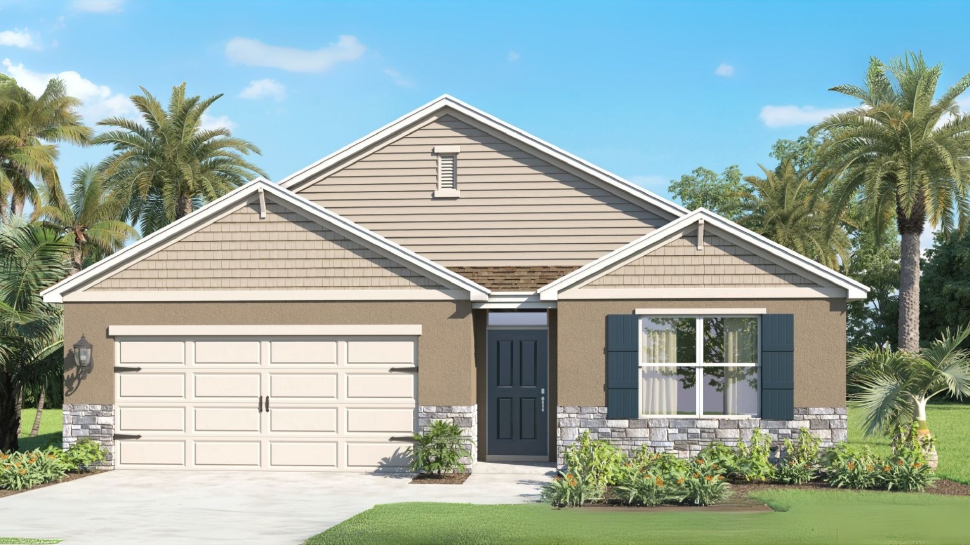 Home Rendering of Single story new home with large windows and 2 car garage.