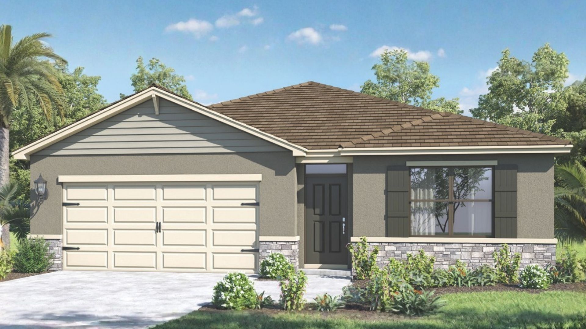 Home Rendering of Single story new home with large windows and 2 car garage.